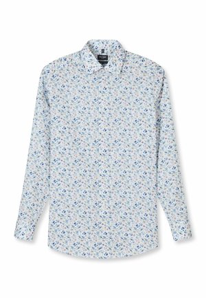 Weißes langärmeliges Hemd mit Knöpfen, kleinem blauem, pinkem und braunem Blumenmuster, klassischem Kragen und schlankem Schnitt.