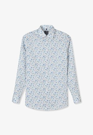 Weißes langärmeliges Hemd mit Knöpfen, kleinem blauem, pinkem und braunem Blumenmuster, klassischem Kragen und schlankem Schnitt.