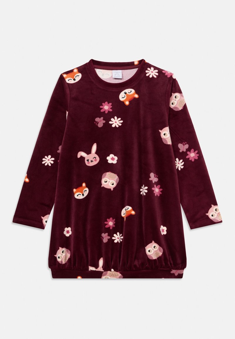 Robe longue à manches longues bordeaux pour filles avec des visages d’animaux roses et orange, des papillons et des motifs floraux, en tissu peluche doux.