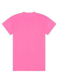 Maglietta rosa a maniche corte in cotone. Presenta una scollatura rotonda e un design semplice e uniforme senza motivi o decorazioni aggiuntive.