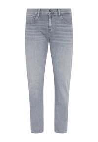 Jeans en denim bleu clair avec une coupe droite, un design à cinq poches, un délavage clair et une fermeture à bouton en métal à la taille.