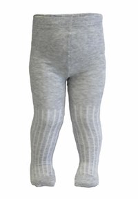 Gray knitted baby leggings with a soft texture, featuring vertical ribbed patterns and a seamless waistband for comfort.