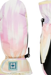 Šarene ružičaste i žute rukavice s gradijentnim uzorkom, crnom dlanom, elastičnim zapešćem i podesivim remenom. Izrađene su od mekanog, izoliranog materijala.