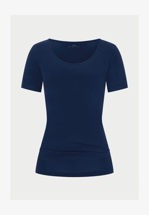 Navy blue short-sleeve t-shirt featuring a scoop neckline, fitted design, smooth texture, and a slightly gathered hem for a tailored look.