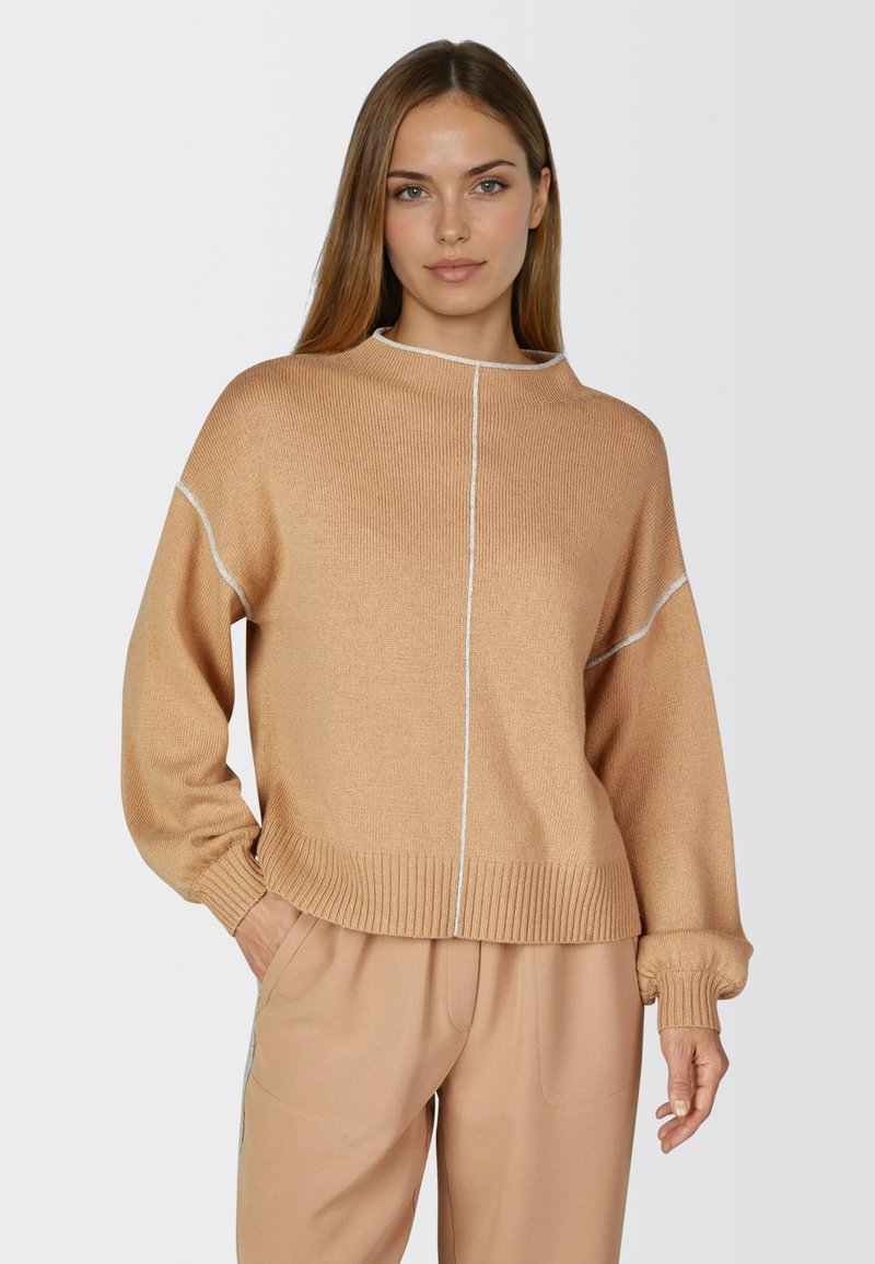 Light brown knit sweater with long sleeves, ribbed cuffs and hem, featuring a white vertical stitch detail along the front. Casual fit.