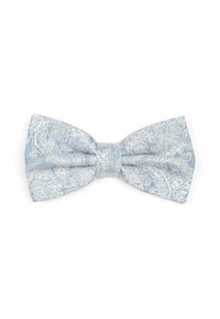 Nœud papillon bleu clair avec un motif paisley blanc élaboré, fabriqué en tissu avec une texture lisse, présentant un nœud central.