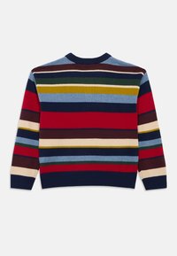 Gestreepte trui met ronde hals, met horizontale strepen in blauw, rood, groen, geel en crème. Gebreide stof met geribde mouwen en zoom.