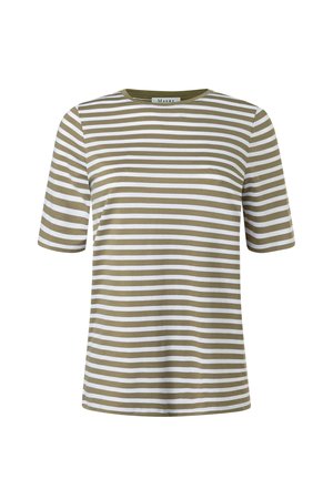 Kurzarmhemd mit horizontalen olivgrünen und weißen Streifen, rundem Ausschnitt und sichtbarer Brusttasche.