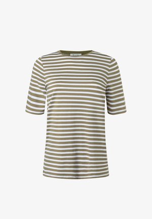 Short-sleeve shirt with horizontal olive green and white stripes, round neckline, and visible chest pocket.