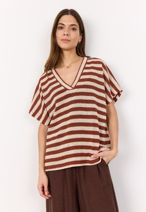 Striped V-neck top in beige and rust, featuring short sleeves and a loose fit. Made from a lightweight, textured knit material.