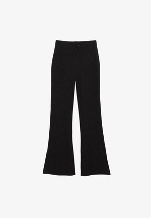 Black flared pants with a soft, textured fabric featuring a subtle shimmer, an elastic waistband, and a relaxed fit throughout the leg.