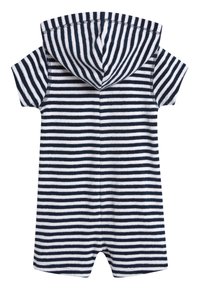 Combinaison à rayures bleu marine et blanche avec des manches courtes et une capuche. Fabriquée en tissu doux, elle présente un design simple et des accents cousus.