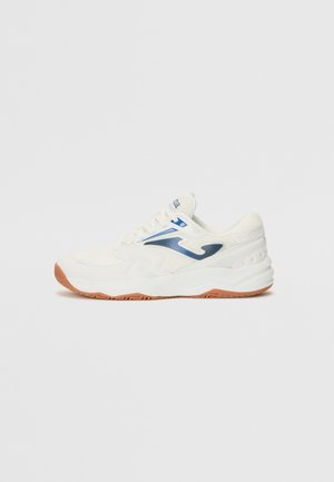 White athletic shoe with blue accents, mesh and synthetic overlays, textured surface, and a gum rubber sole. Designed for comfort and performance.