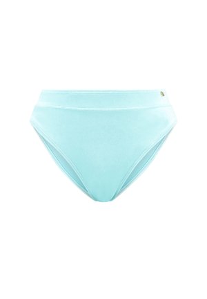 Bikini z wysokim stanem w jasnoniebieskim kolorze, wykonany z gładkiego materiału. Charakteryzuje się prostym designem bez wzorów oraz subtelnym przeszyciem w talii.