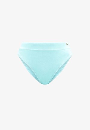High-waisted bikini onderkant in lichtblauw, gemaakt van soepele stof. Heeft een strakke uitstraling zonder patronen, met accentstiksels bij de tailleband.