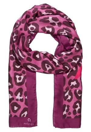Pink and purple leopard print scarf with solid border and Aigner logo on one end, displayed looped in a loose circle.