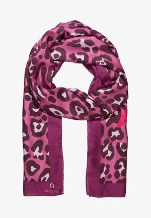 Bufanda con estampado de leopardo en rosa y púrpura, con borde sólido y logo de Aigner en un extremo, mostrada formando un círculo suelto.