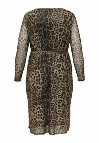 Abito leopardato con maniche lunghe, realizzato in tessuto leggero. Presenta una vita arricciata e un orlo a ginocchio. Schema di colori in nero e beige.