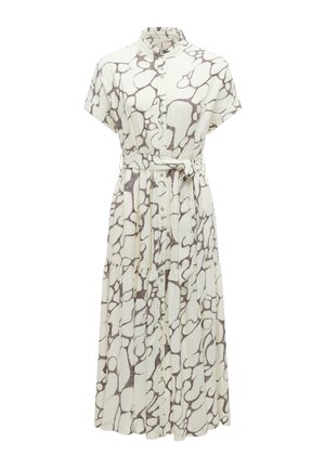 Hvid midi-kjole med abstrakt brunt mønster, korte ærmer, knaplukning foran, høj krave og matchende bælte i stof til taljen.