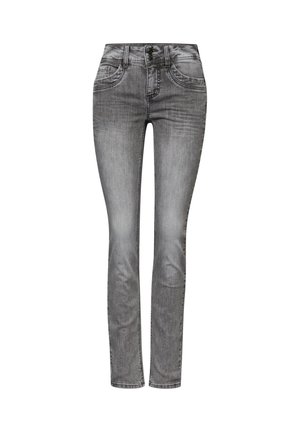 Kapean denim farkut haalistuneessa harmaassa. Ominaisuuksiin kuuluvat nappikiinnitys, viisi taskua ja kevyet kulutukset edessä.