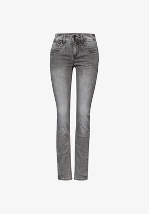 Kapean denim farkut haalistuneessa harmaassa. Ominaisuuksiin kuuluvat nappikiinnitys, viisi taskua ja kevyet kulutukset edessä.