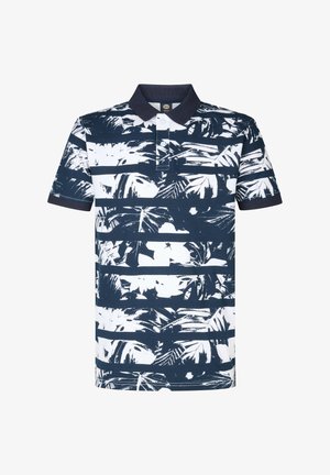 Navyblaues Poloshirt mit weißen tropischen Blattmustern, klassischem Kragen, drei-Knopf-Leiste und kurzen Ärmeln.