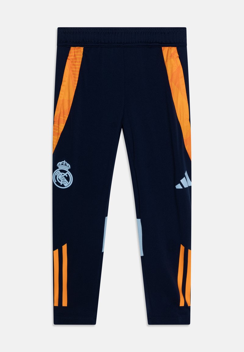 Navy athletic pants with orange and light blue accents. Features a Real Madrid logo. Made of stretchy, lightweight material.