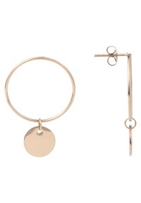 Orecchini a cerchio color oro con un pendente circolare liscio, dotati di una semplice chiusura in filo. Design minimalista, materiale leggero.