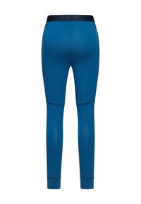 Leggings bleus avec une texture lisse, dotés d'une taille haute et de détails de couture contrastants, conçus pour le confort et la flexibilité.