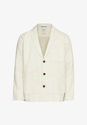 Lichtbeige linnen jas met een notch lapel, drie bruine knopen, twee voorzakken met klep en een borstzak.