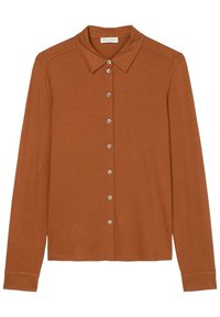 Chemise à boutons marron à manches longues, en tissu doux, avec un col, huit boutons sur le devant et des manches ajustées.