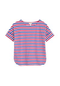 Striped short-sleeve t-shirt in white, red, and blue. Rounded neckline, soft fabric, with even horizontal stripes and a relaxed fit.