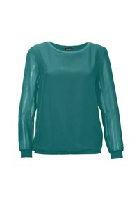 Türkise Bluse mit langen Ärmeln aus transparenter Stoff, rundem Ausschnitt und elastischen Bündchen. Glatte Textur ohne sichtbare Muster oder Akzente.
