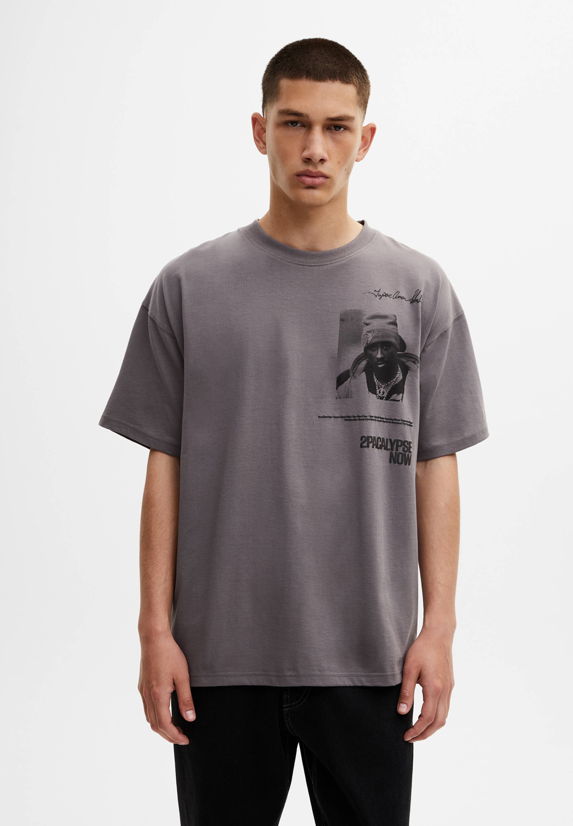 PULL\u0026BEAR TUPAC GRAPHIC - T-shirt print - blue grey/blauwgrijs - Zalando.nl