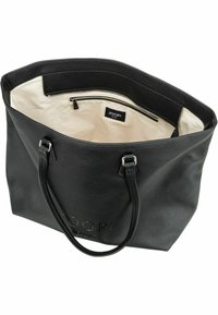 Sac fourre-tout en cuir noir avec une finition texturée, doté de deux poignées, d'un intérieur crème et d'une poche zippée. Marque JOOP! visible.