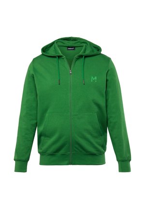 Groene zip-up hoodie gemaakt van een zachte katoenmix. Voorzien van een capuchon, trekkoorden, voorzakken en een klein logo op de borst.