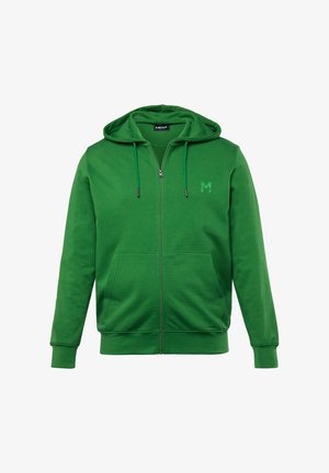 Zielona bluza rozpinana z miękkiej mieszanki bawełny. Posiada kaptur, sznurki, kieszenie z przodu oraz małe logo na klatce piersiowej.