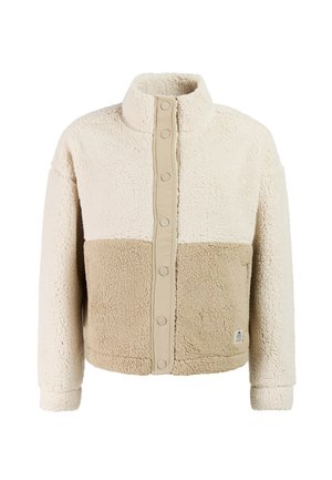 Fleecejack met hoge hals en drukknoopsluiting, kleurvlak in crème en lichtbruin, voorzien van lange mouwen en een zachte, gestructureerde stof.