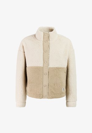 Fleecejack met hoge hals en drukknoopsluiting, kleurvlak in crème en lichtbruin, voorzien van lange mouwen en een zachte, gestructureerde stof.