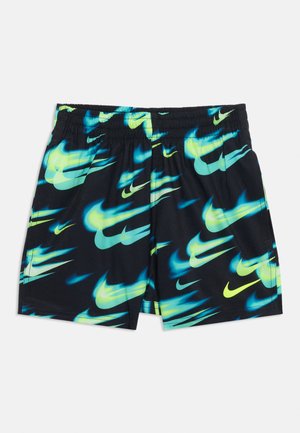 Fekete rövidnadrág rugalmas derékpánttal, neonkék és neonzöld elmosódott Nike pipa logókkal szétszórva.