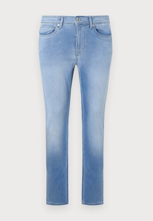 Hellblaue Denim-Jeans mit geradem Schnitt, fünf Taschen und Knopfverschluss. Mit einer ausgewaschenen Textur und standardmäßigen Nähten.