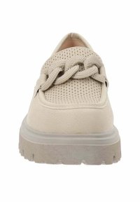 Beżowe sneakersy z perforowanym wierzchem, przeszyciami i grubą gumową podeszwą. Posiadają unikalny design sznurowadeł z teksturowanym wykończeniem.