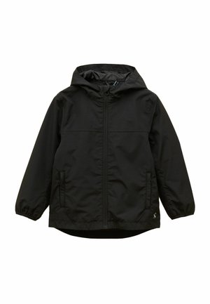 Čierna kapucňová bunda s predným zipsom, dvoma bočnými vreckami a elastickými manžetami, určená pre deti.