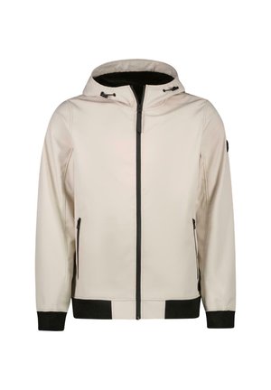 Lichtbeige gewatteerde jas met een front rits, zwarte accenten op de manchetten en onderrand, en twee zijzakken met rits. Glad textiel.