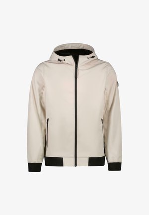 Lichtbeige gewatteerde jas met een front rits, zwarte accenten op de manchetten en onderrand, en twee zijzakken met rits. Glad textiel.