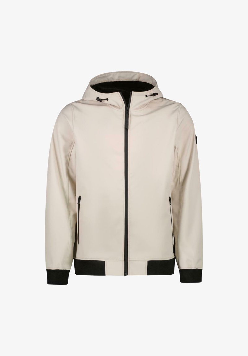 Lichtbeige gewatteerde jas met een front rits, zwarte accenten op de manchetten en onderrand, en twee zijzakken met rits. Glad textiel.