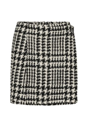 Sukně s černobílým vzorem houndstooth v tkané látce. Má rovný střih, pás a boční zapínání na zip.
