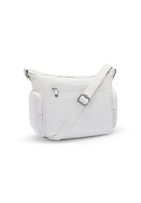 Borsa a tracolla bianca con texture liscia, chiusura con zip, tracolla regolabile e tasca laterale. Dotata di dettagli in hardware argentato.