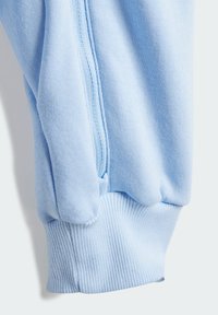 Light blue zip-up sweatshirt featuring a ribbed cuff and soft, textured fabric. The design includes a seamless shoulder and side detailing.