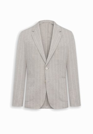 Hellgrauer Blazer mit weißen vertikalen Nadelstreifen, zwei Knöpfen, Notch-Revers und drei Vorderentaschen, präsentiert auf weißem Hintergrund.